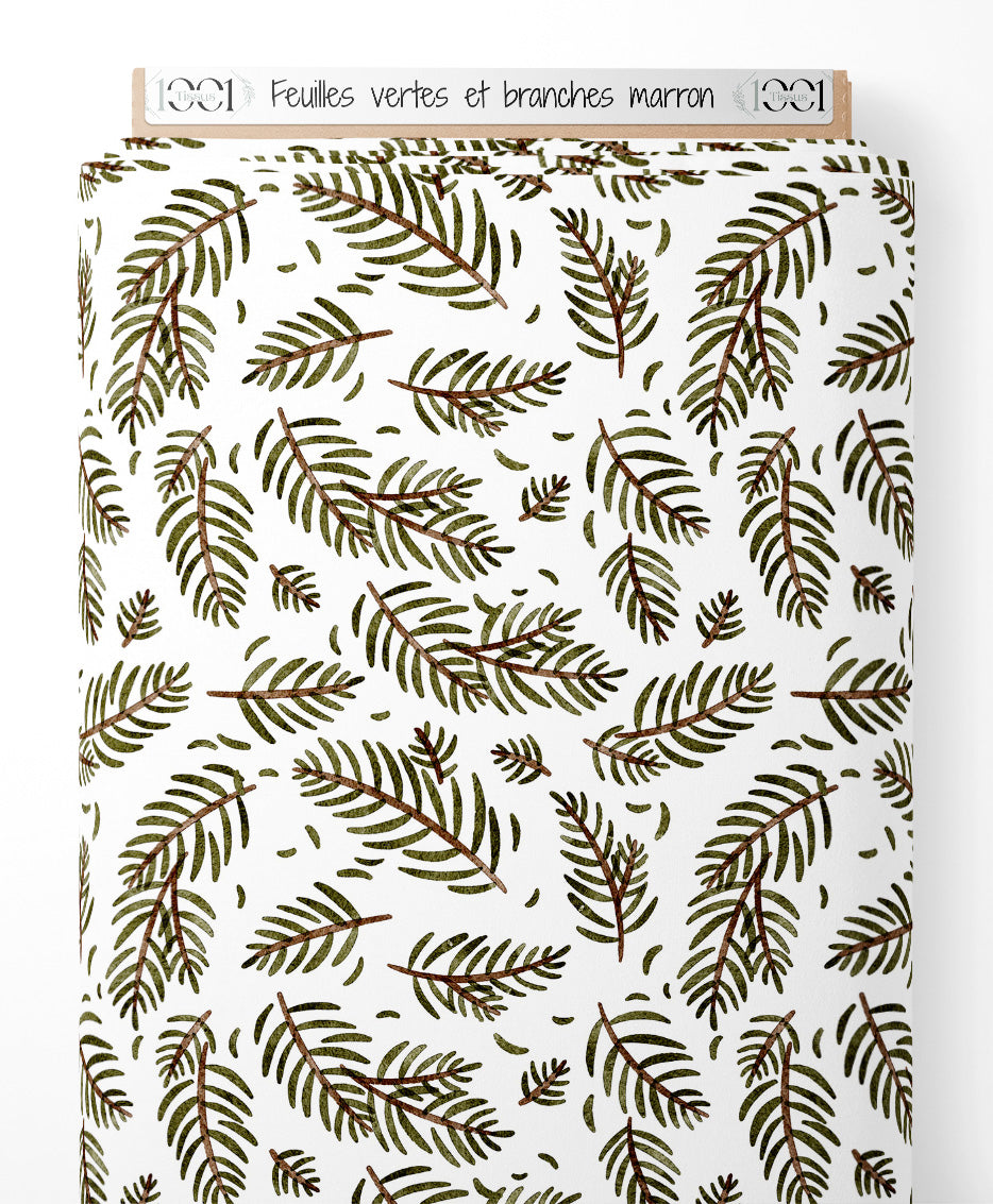 Tissu - Feuilles vertes et branches marron
