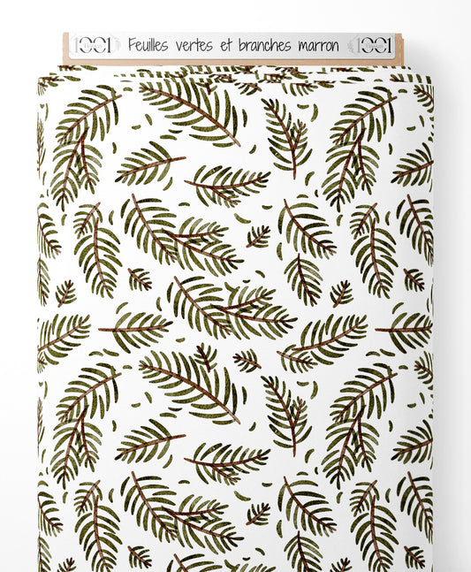 Tissu - Feuilles vertes et branches marron