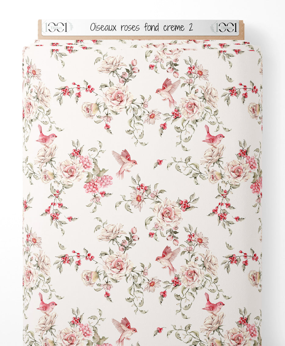 Tissu - Oiseaux roses sur fond crème 2