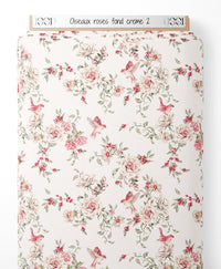 Tissu - Oiseaux roses sur fond crème 2