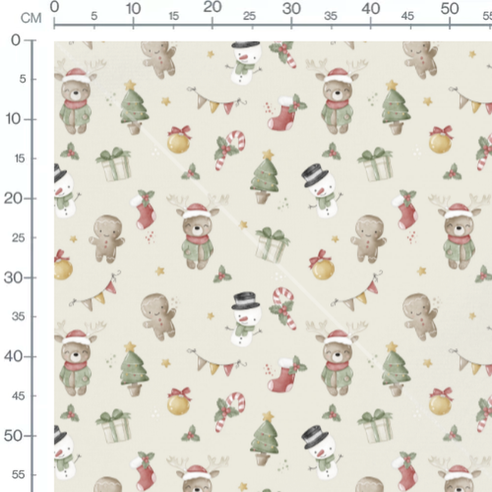 Tissu - Rennes et sapins sur beige