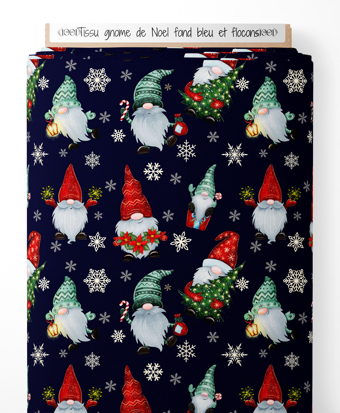 Tissu - gnome de Noel fond bleu et flocons