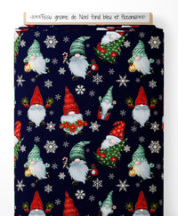 Tissu - gnome de Noel fond bleu et flocons