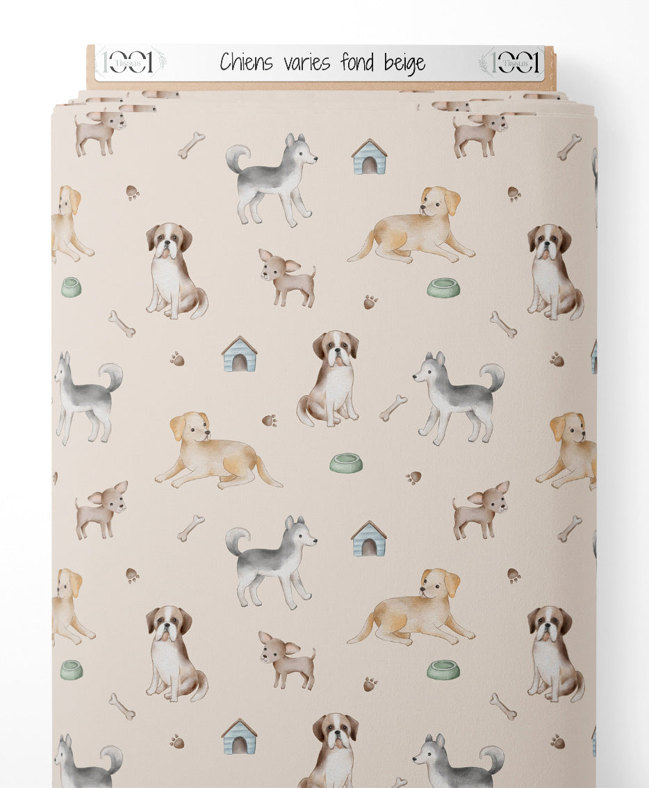 Tissu - Chiens variés sur fond beige