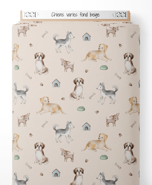 Tissu - Chiens variés sur fond beige