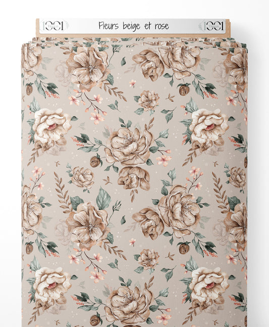 Tissu - Fleurs beige et rose