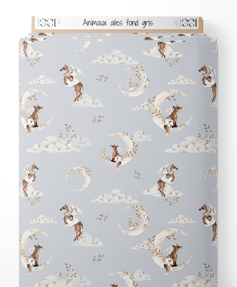 Tissu - Animaux ailés sur fond gris