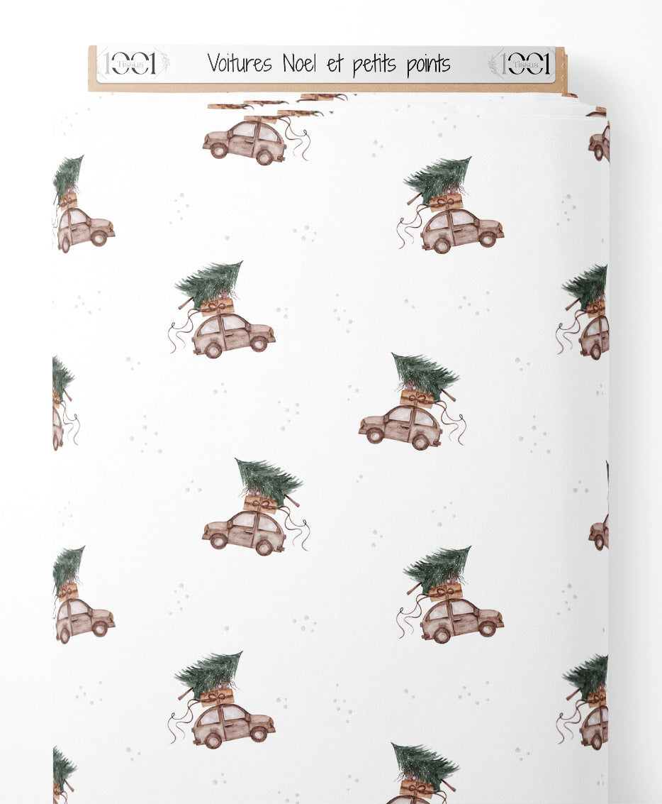 Tissu - Voitures Noël et petits points