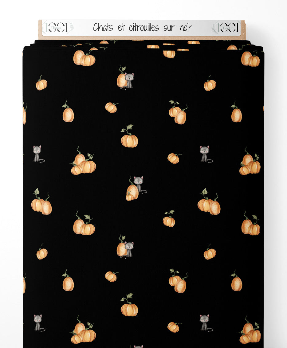 Tissu - Chats et citrouilles sur noir