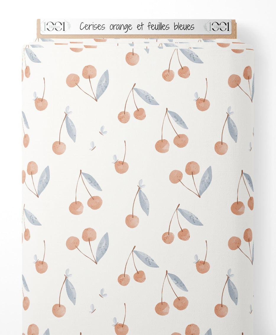 Tissu - Cerises orange et feuilles bleues