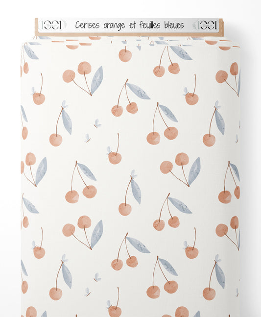 Tissu - Cerises orange et feuilles bleues