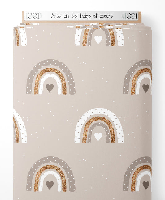 Tissu - Arcs-en-ciel beige et cœurs