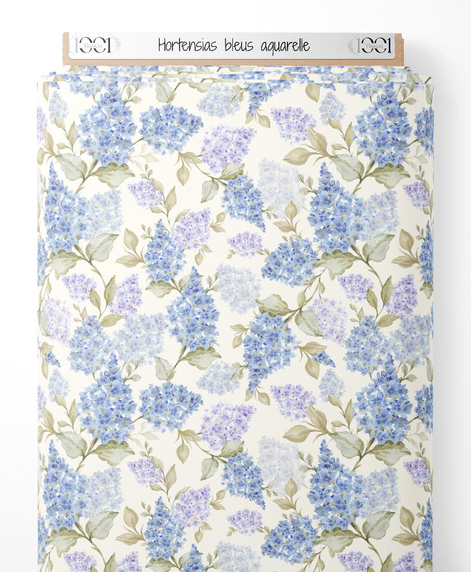 Tissu - Hortensias bleus aquarelle