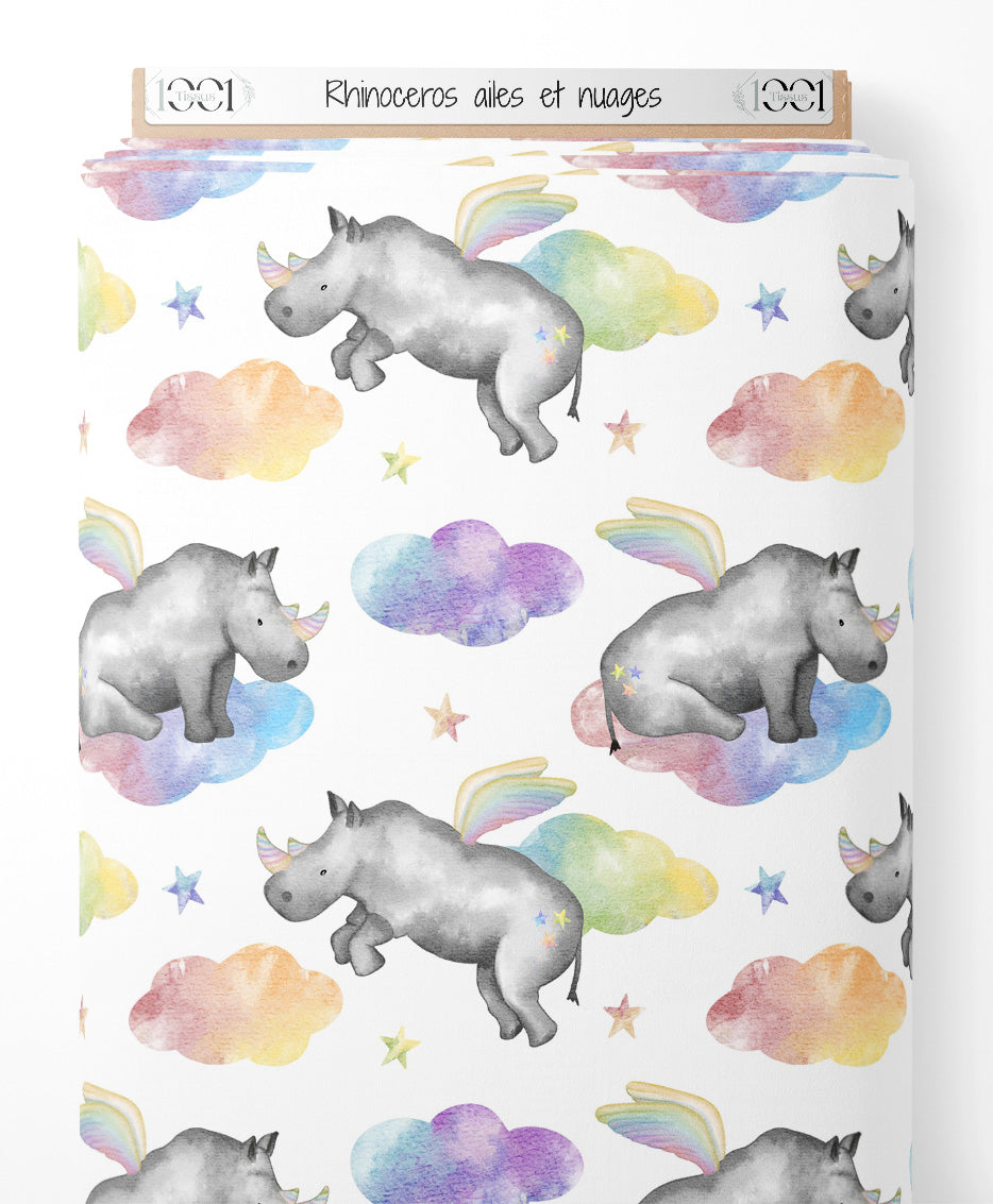 Tissu - Rhinocéros ailés et nuages
