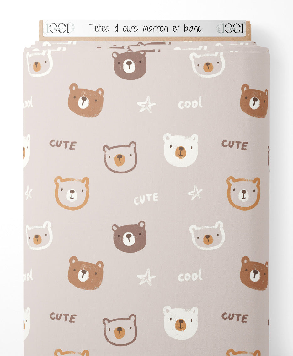 Tissu - Têtes d'ours marron et blanc