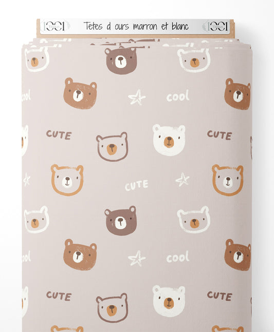 Tissu - Têtes d'ours marron et blanc