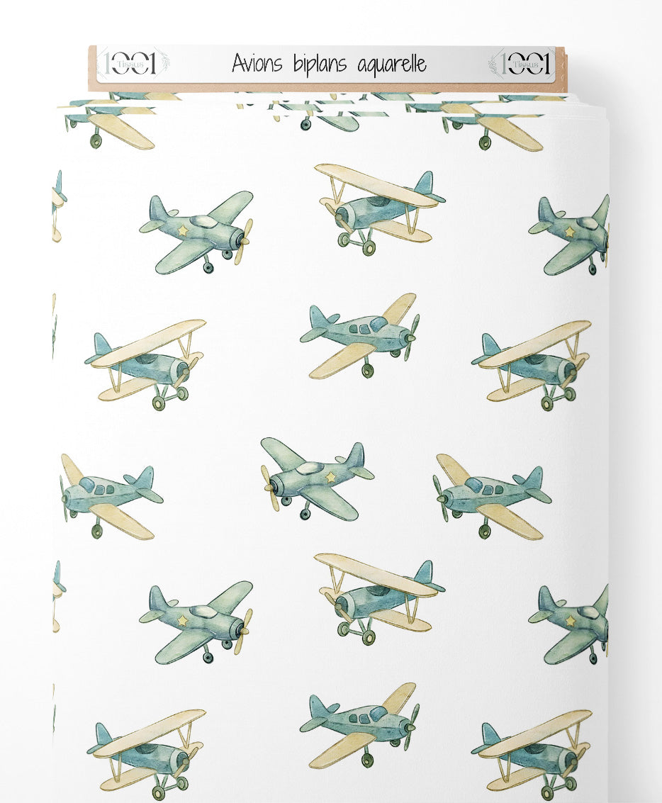 Tissu - Avions biplans aquarelle
