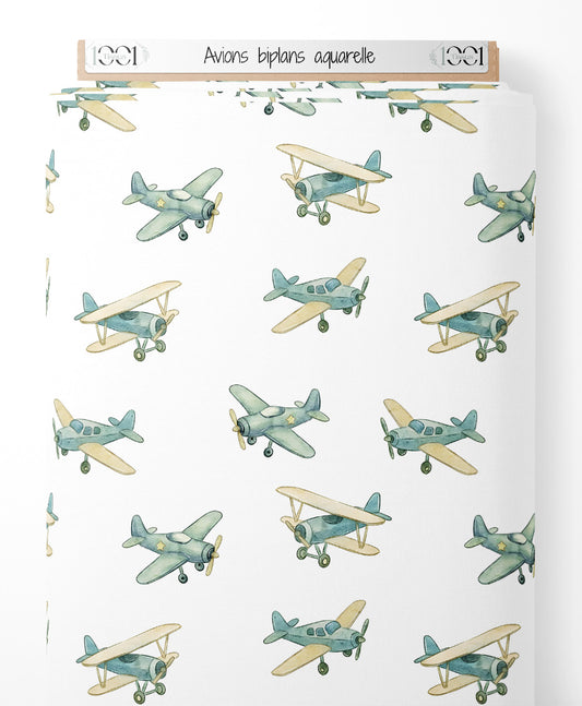 Tissu - Avions biplans aquarelle