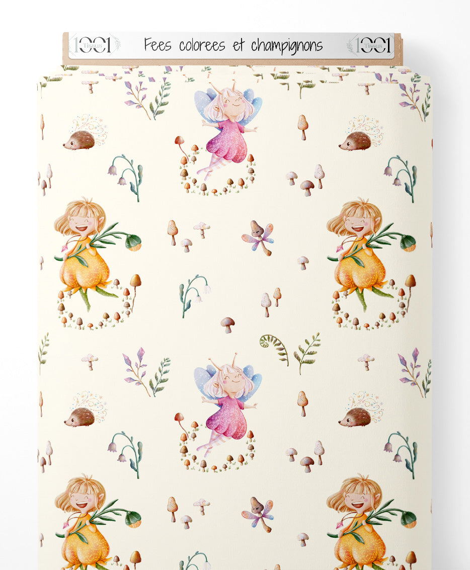 Tissu - Fées colorées et champignons