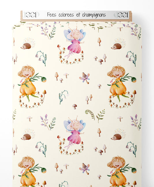 Tissu - Fées colorées et champignons