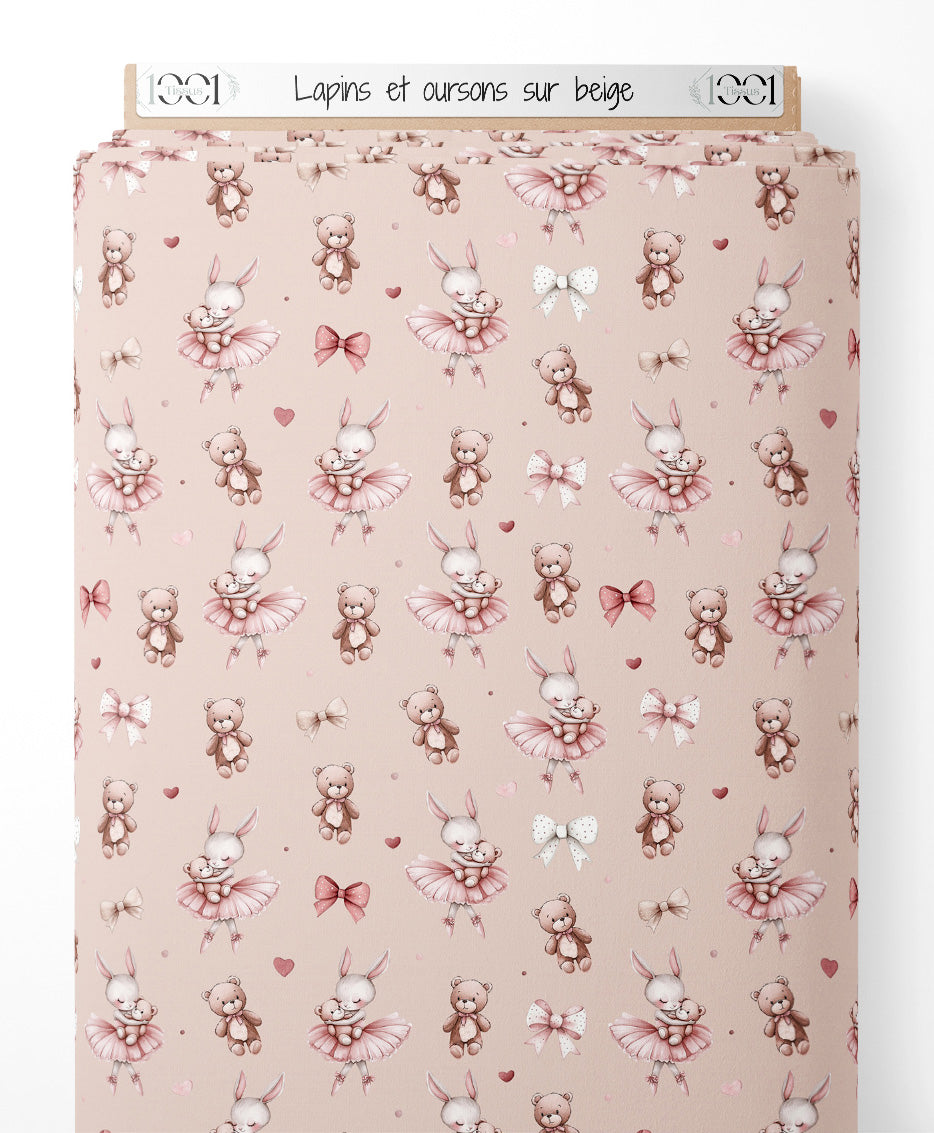 Tissu - Lapins et oursons sur beige