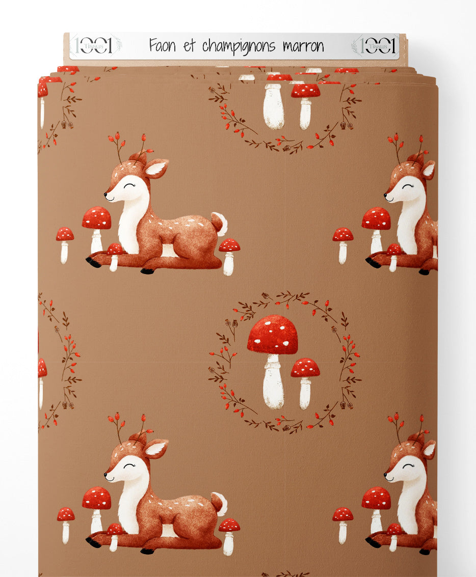 Tissu - Faon et champignons marron