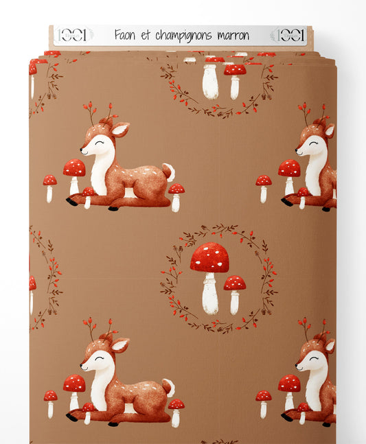 Tissu - Faon et champignons marron