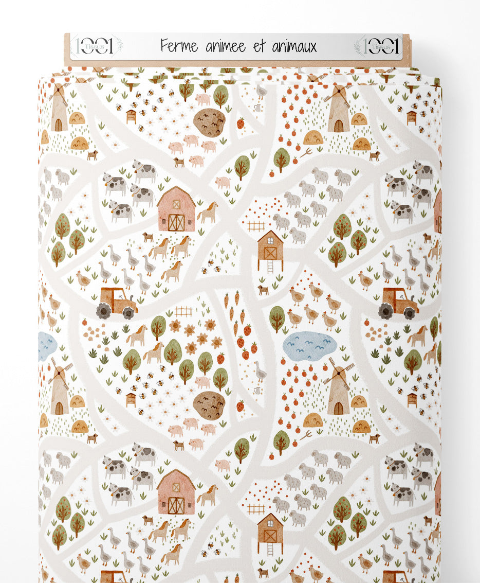 Tissu - Ferme animée et animaux