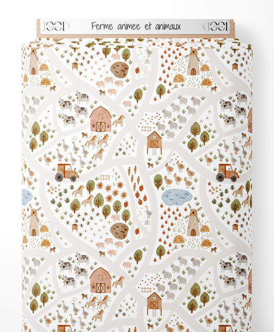 Tissu - Ferme animée et animaux