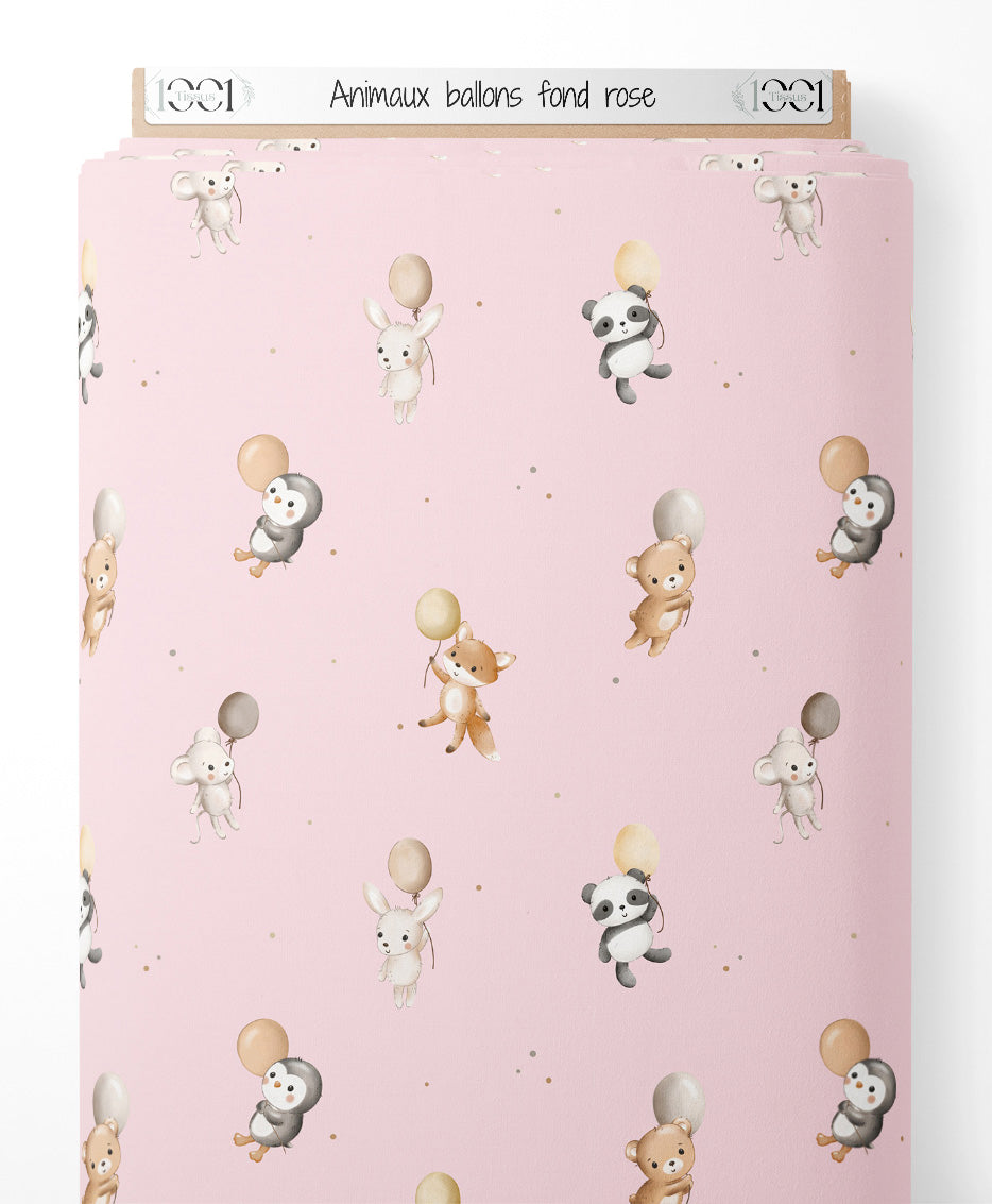 Tissu - Animaux ballons fond rose