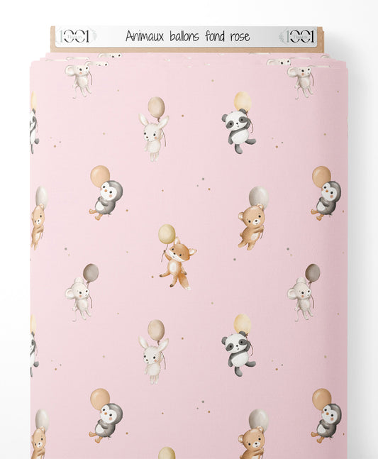 Tissu - Animaux ballons fond rose