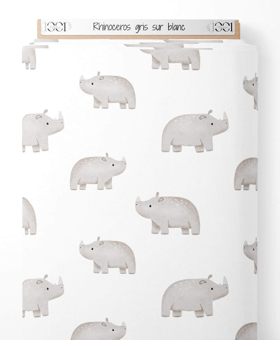 Tissu - Rhinocéros gris sur blanc