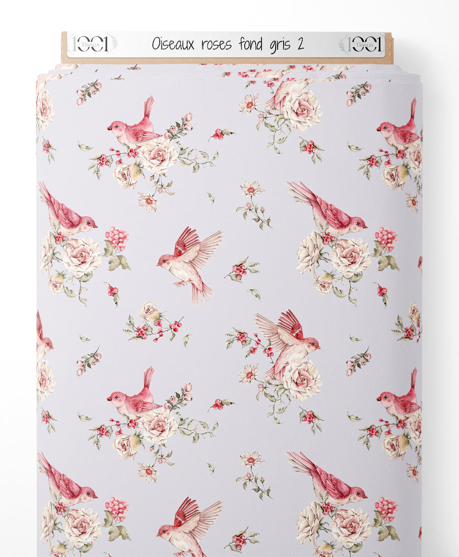 Tissu - Oiseaux roses sur fond gris 2