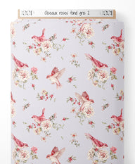 Tissu - Oiseaux roses sur fond gris 2