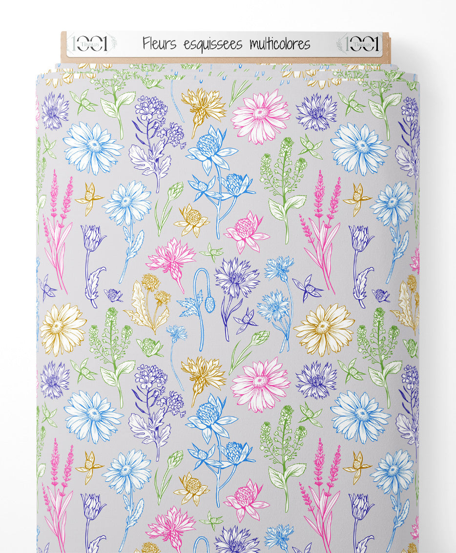 Tissu - Fleurs esquissées multicolores