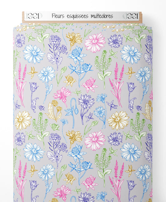 Tissu - Fleurs esquissées multicolores