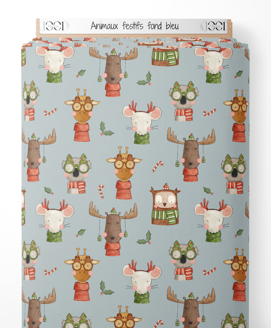 Tissu - Animaux festifs sur fond bleu