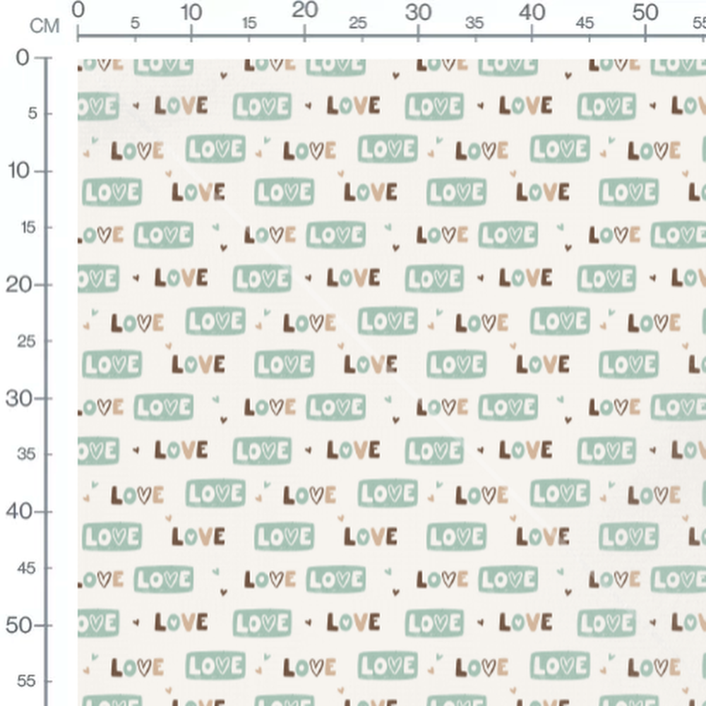 Tissu - Love vert et brun sur blanc