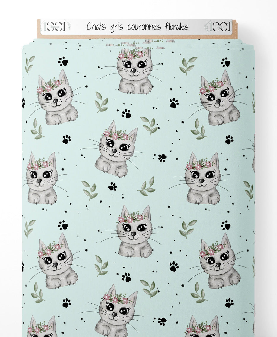 Tissu - Chats gris couronnes florales