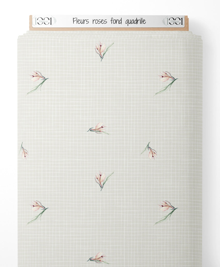 Tissu - Fleurs roses sur fond quadrillé