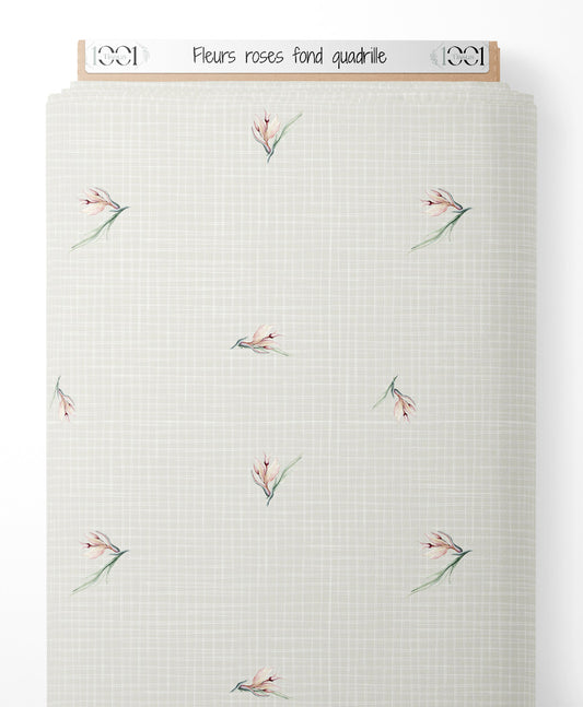 Tissu - Fleurs roses sur fond quadrillé