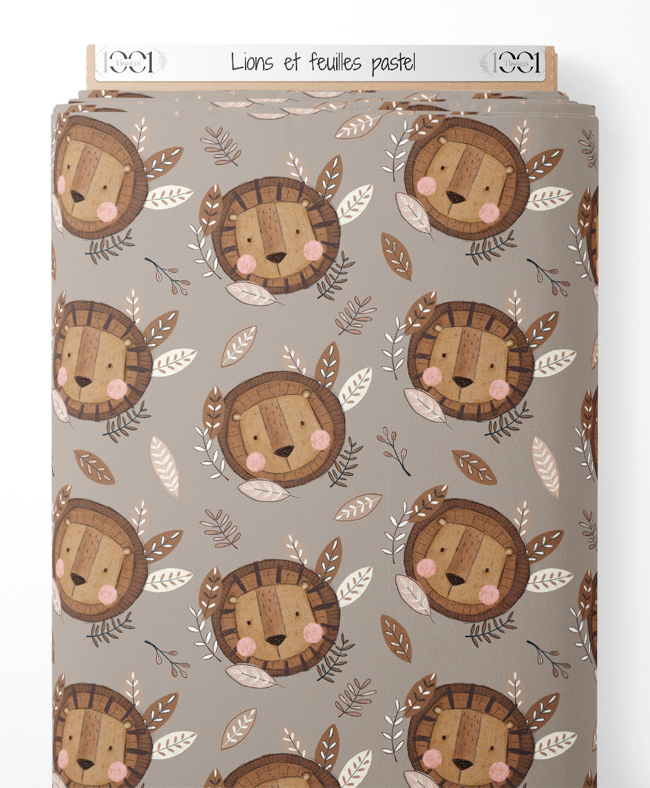 Tissu - Lions et feuilles pastel