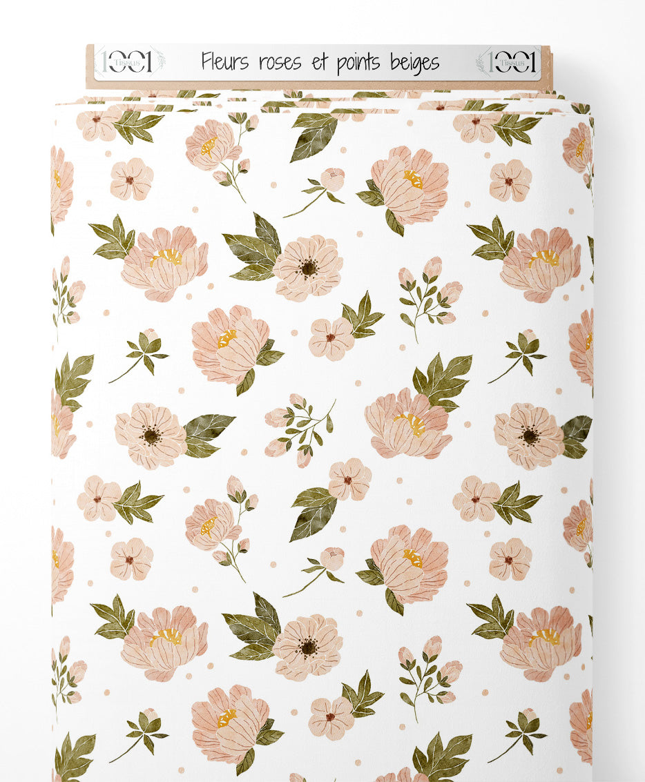 Tissu - Fleurs roses et points beiges