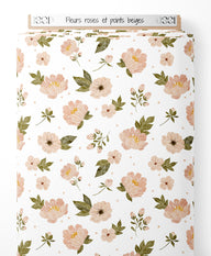 Tissu - Fleurs roses et points beiges
