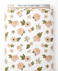 Tissu - Fleurs roses et points beiges