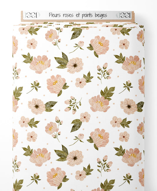 Tissu - Fleurs roses et points beiges