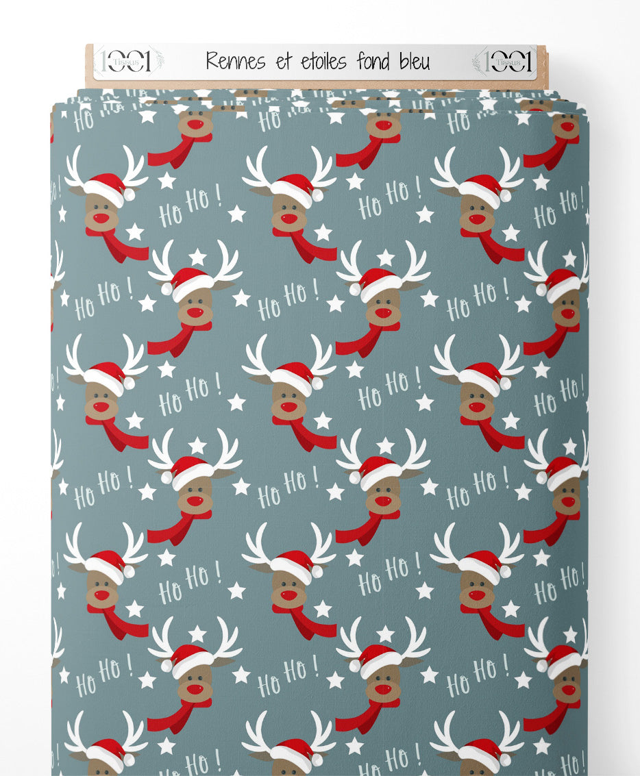 Tissu - Rennes et étoiles sur fond bleu