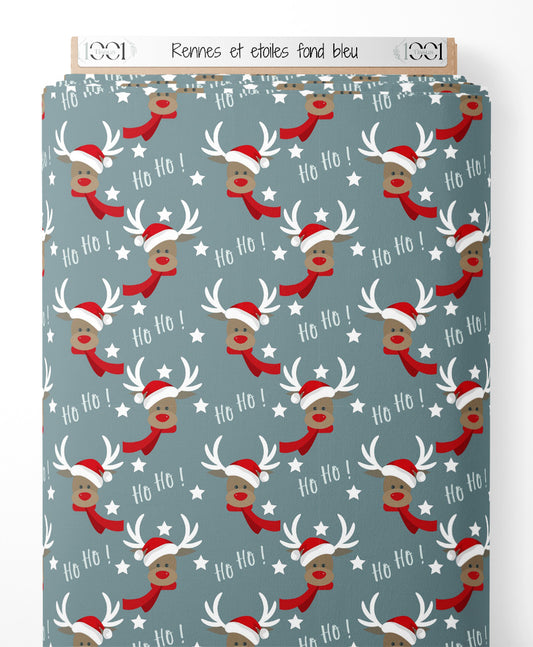 Tissu - Rennes et étoiles sur fond bleu