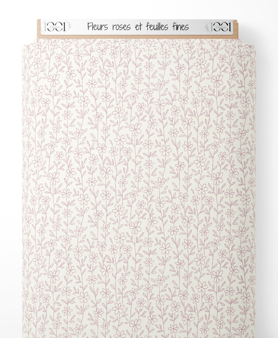 Tissu - Fleurs roses et feuilles fines
