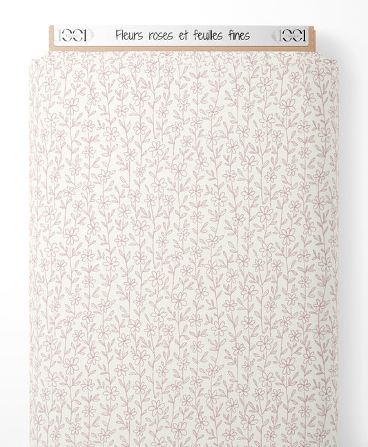 Tissu - Fleurs roses et feuilles fines